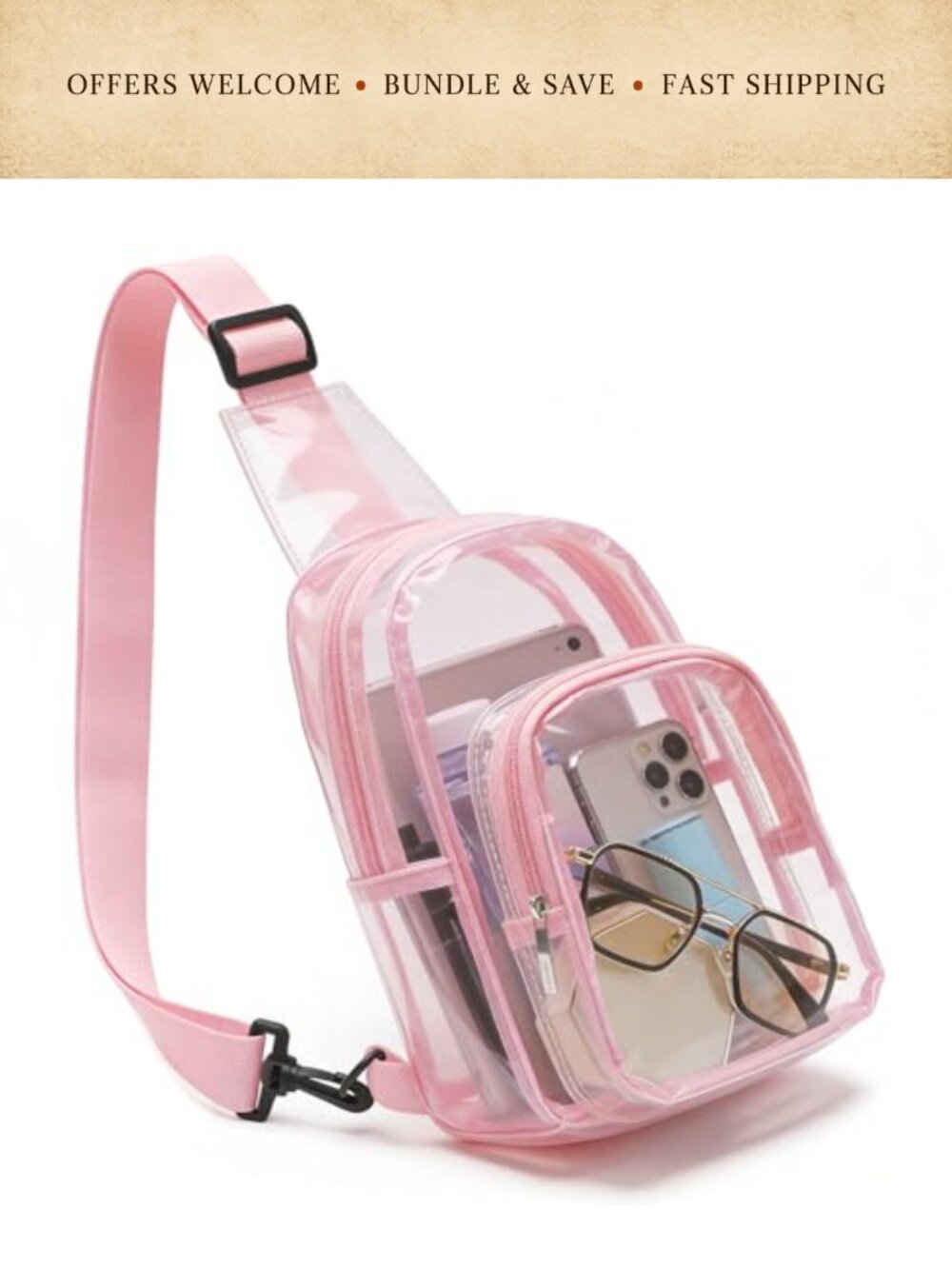 Clear PVC Sling Bag Stadium Approved Transparent Crossbody with Charging Port